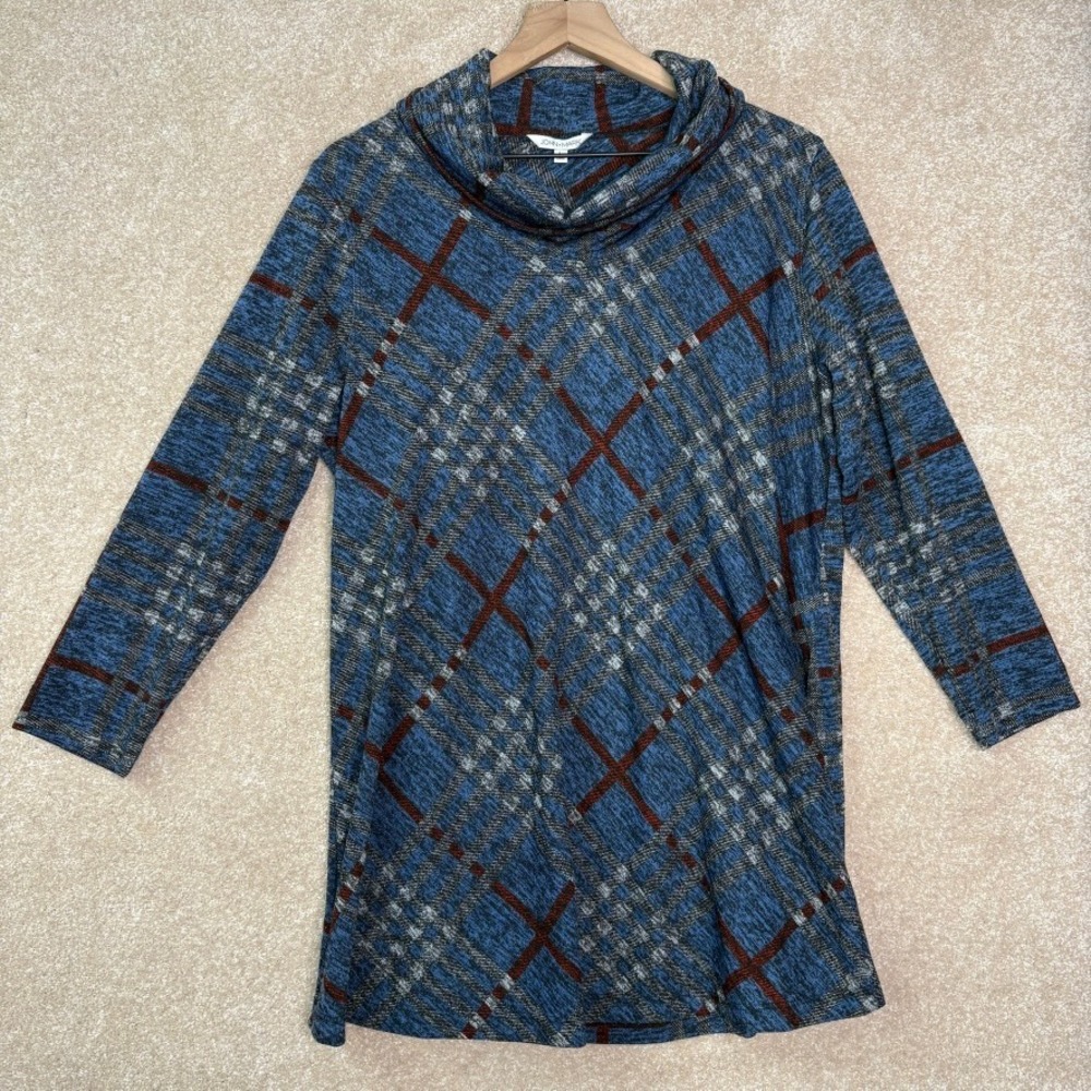 JOHN MARK Tunic‎ Top Women's Large Blue Plaid Cowl Neck Button Back Casual FLAW
